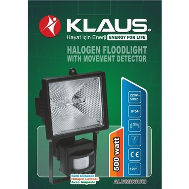 Klaus 50Hz 500W Halojen Sensörlü Projektör Siyah